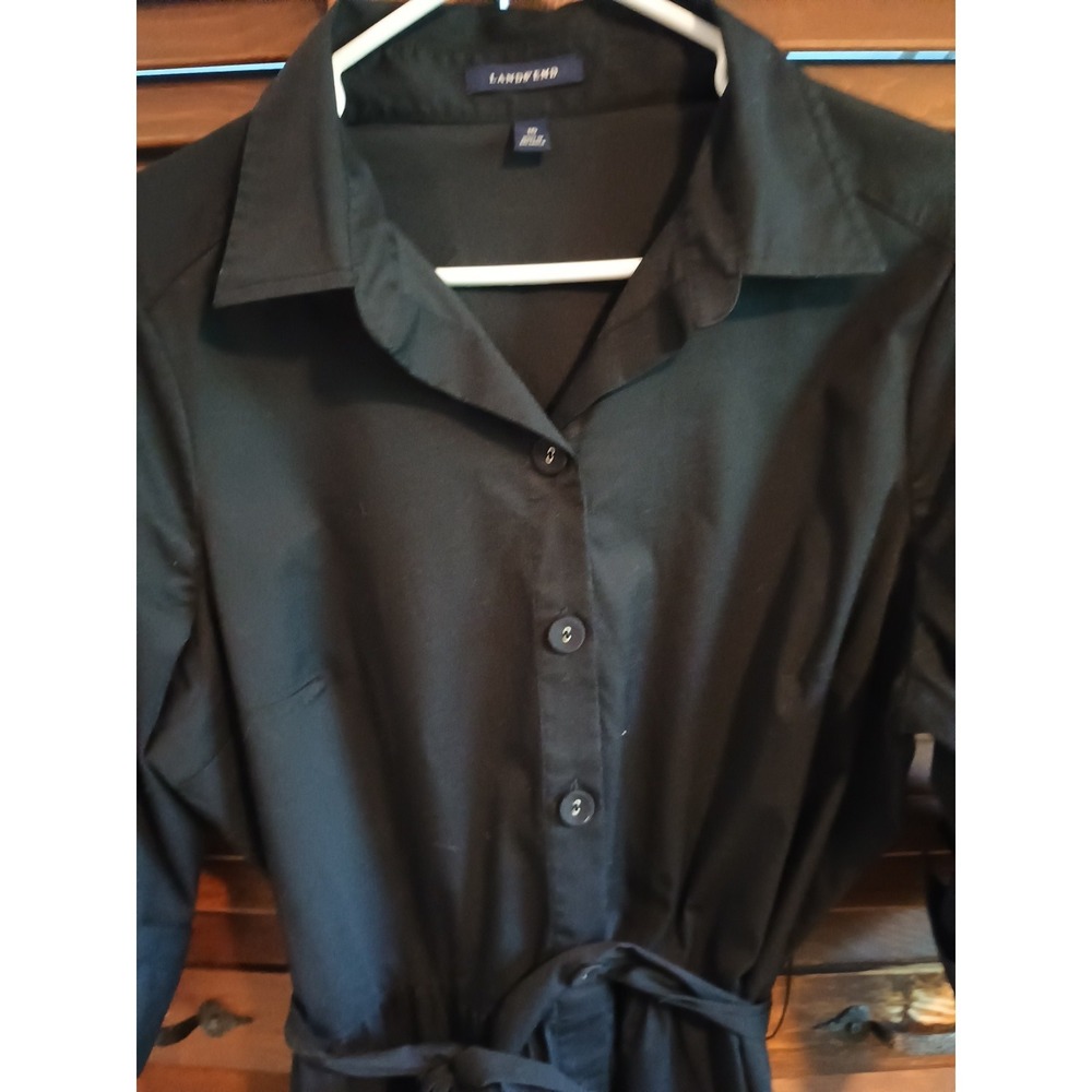 Lands End Dress Womens Sz 16 Black Collared Belted Pockets Cuffs ButtonUp Career - Picture 2 of 7